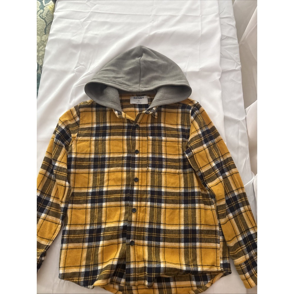 Old Navy Boys Hooded Flannel Button Up Shirt Yellow Blue Plaid Size M 8